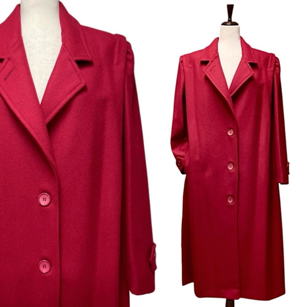 Vintage 80s Lady Suzette Dress Coat Red Size XXL Puff Shoulder Wool Blend